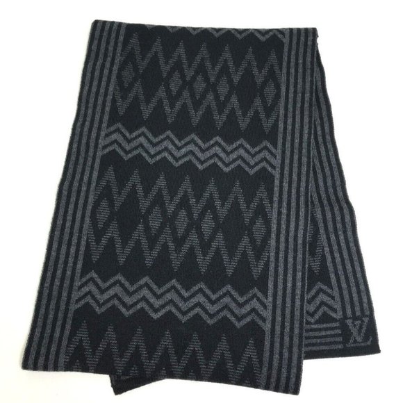LOUIS VUITTON 401910 Chevron stripe Logo pattern Scarf wool Black/Gray - Picture 2 of 12